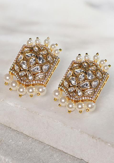 Gold Plated Pearl And Polki Stud Earrings