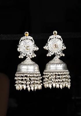 Silver Tone White Bead Jhumka Earrings