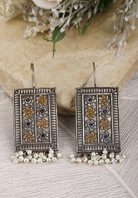 Silver Dual Tone White Bead Brass Earrings