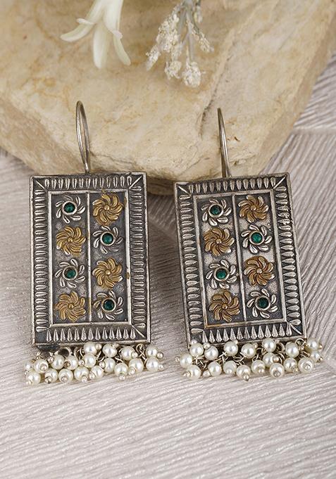 Dual Tone White Bead Rectangular Earrings