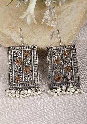 Dual Tone White Bead Brass Earrings