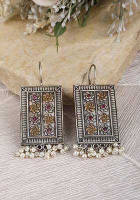 Silver Finish Dual Tone White Bead Earrings