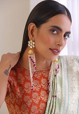 Red And White Gold Tone Jhumka Floral Earrings