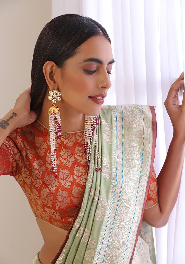 Red And White Gold Tone Jhumka Floral Earrings