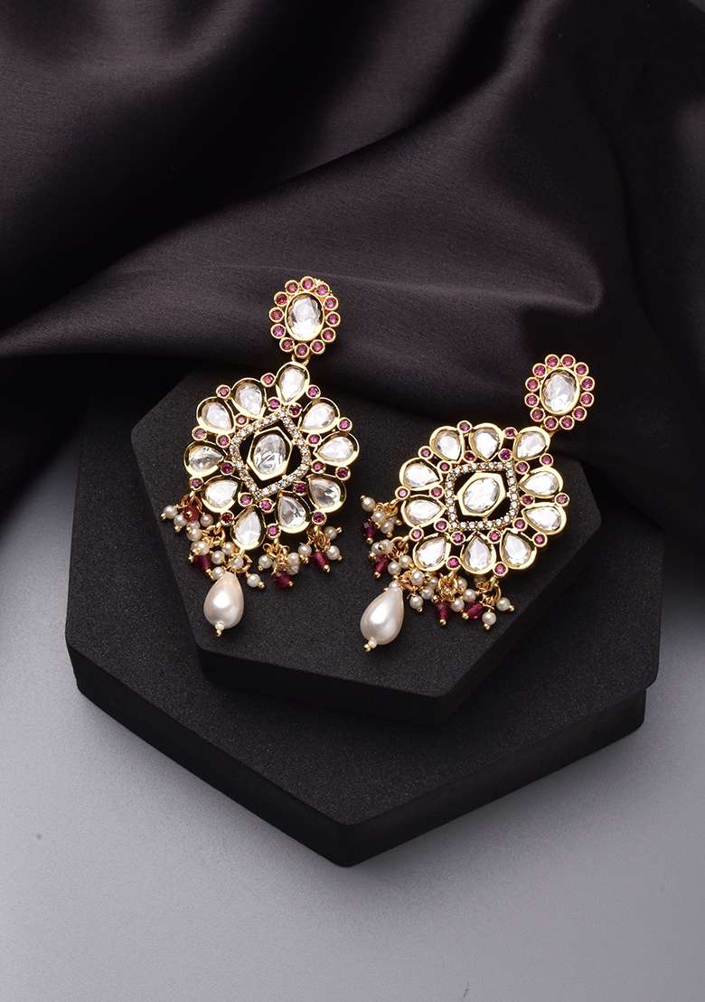 Red Gold Tone Polki Dangler Earrings - Indya