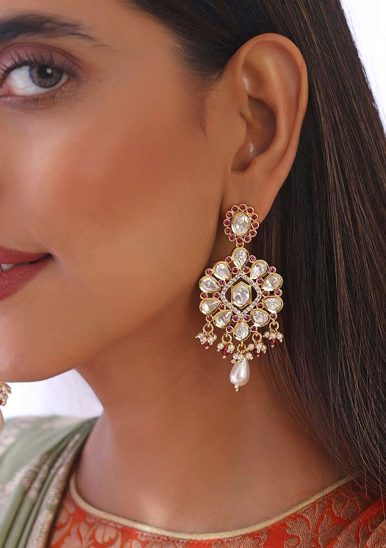 Red Gold Tone Polki Dangler Earrings - Indya