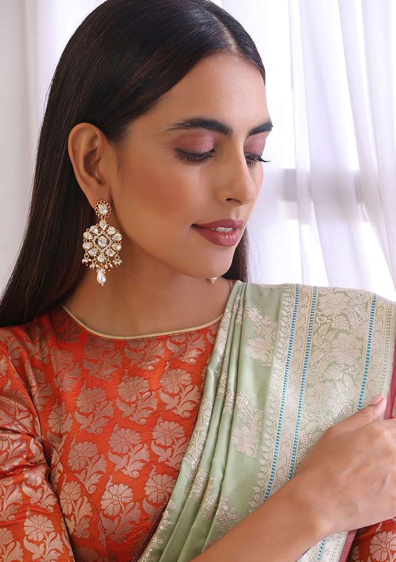 Red Gold Tone Polki Dangler Earrings - Indya