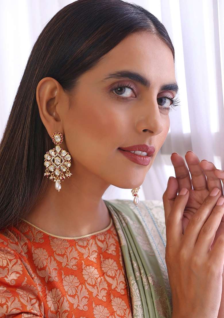 Red Gold Tone Polki Dangler Earrings - Indya