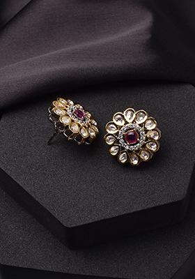 Red Gold Tone Polki Stud Earrings