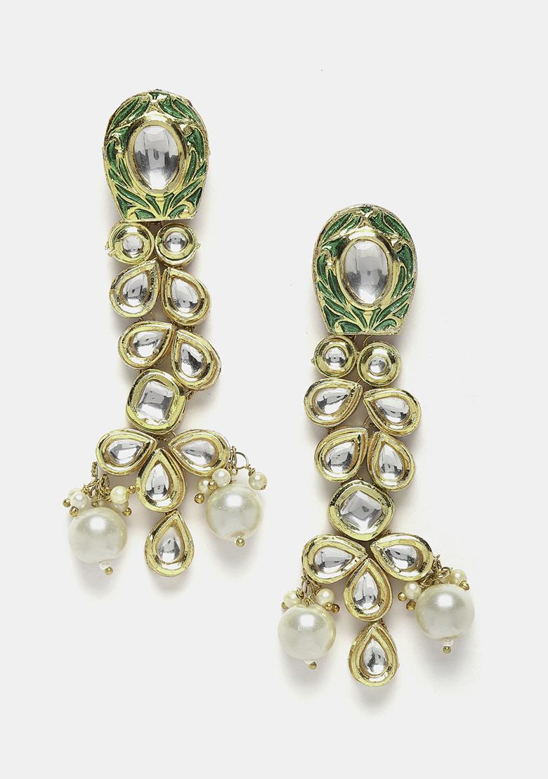 Gold Finish Green Kundan And Pearl Drop Earrings