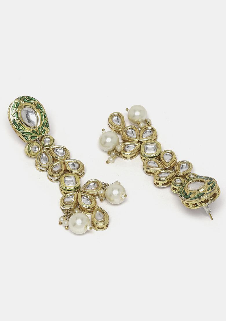 Gold Finish Green Kundan And Pearl Drop Earrings