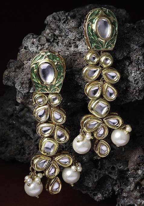 Gold Finish Green Kundan And Pearl Drop Earrings