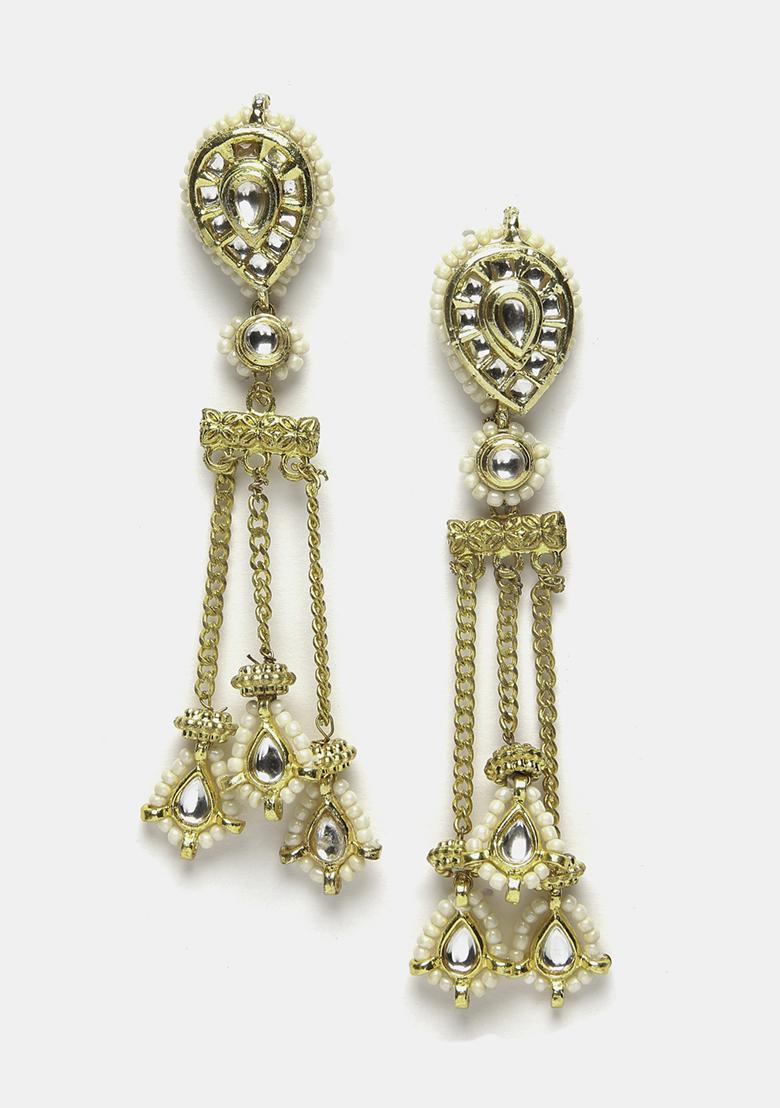 Gold Finish White Kundan And Pearl Drop Earrings