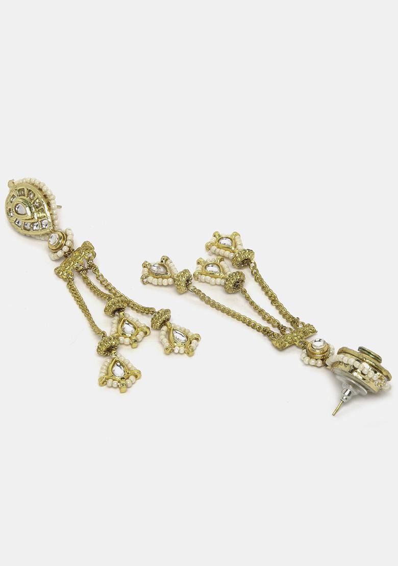 Gold Finish White Kundan And Pearl Drop Earrings