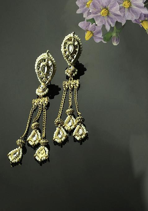 Gold Finish White Kundan And Pearl Drop Earrings