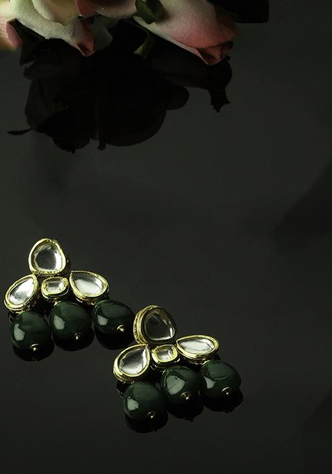 Gold Finish Kundan And Green Pearl Drop Earrings