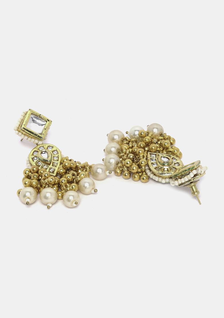 Gold Finish White Kundan Pearl Drop Earrings - Indya