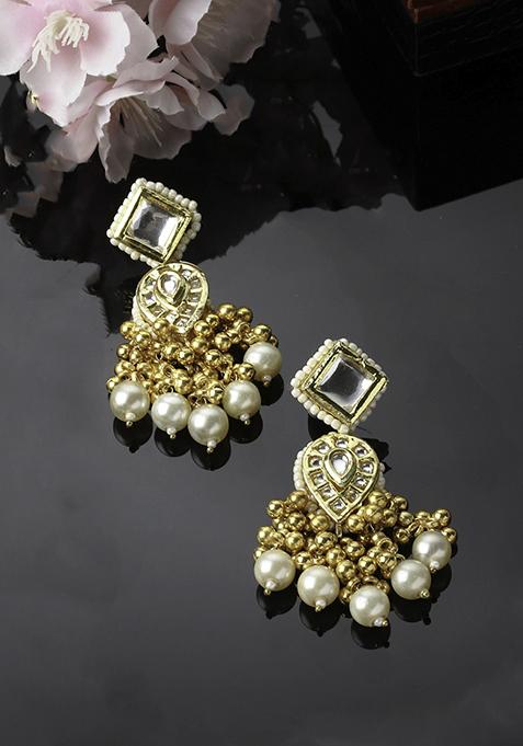 Gold Finish White Kundan Pearl Drop Earrings