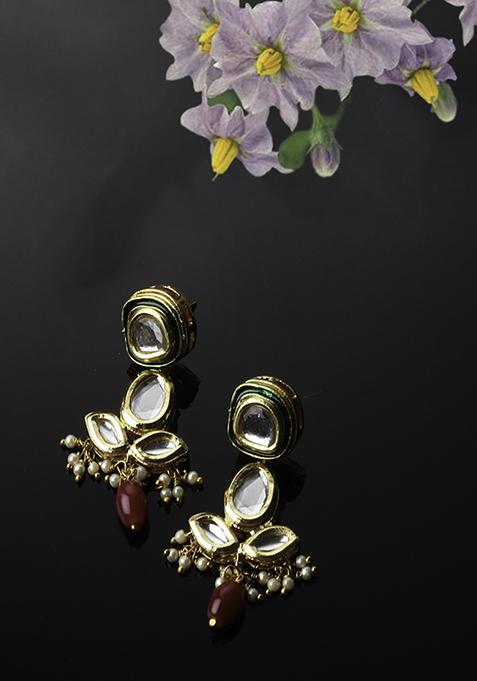 Red And Green Kundan Pearl Drop Earrings