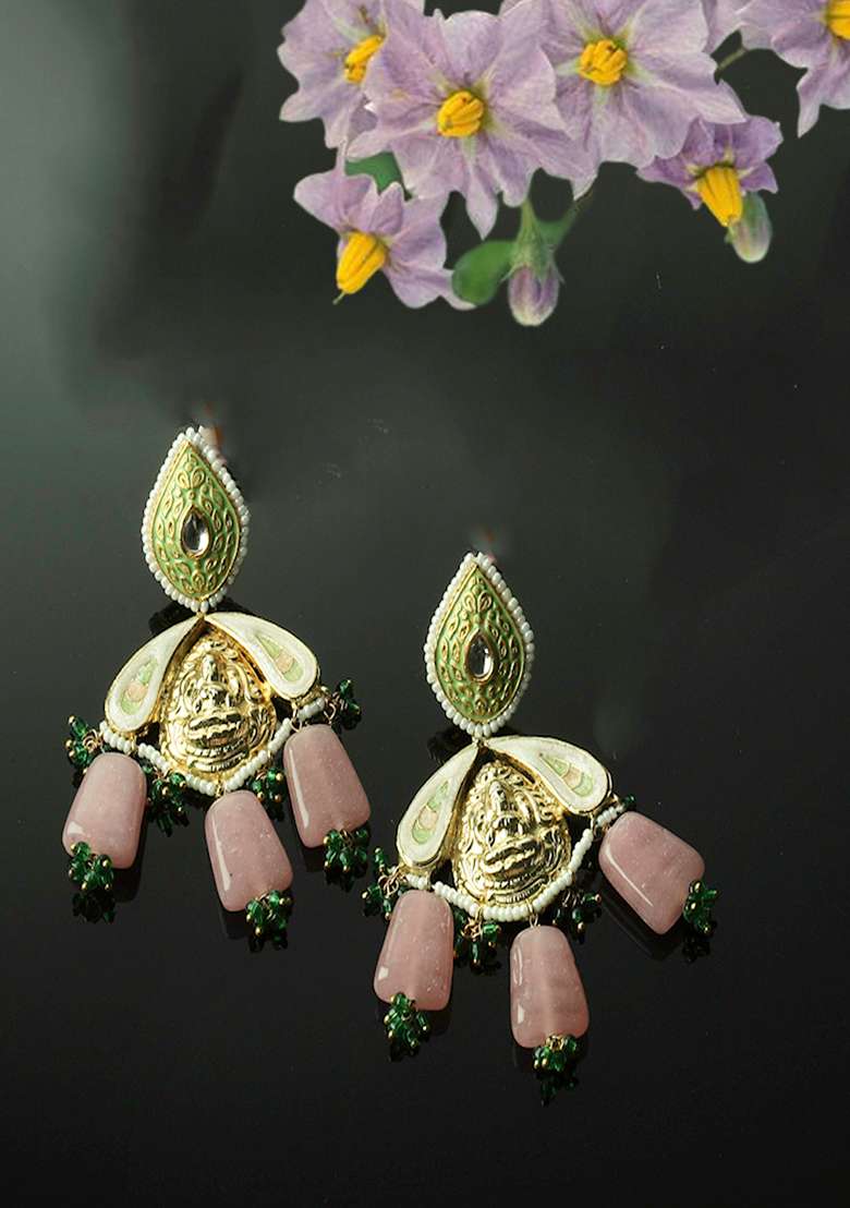 Light Pink And Green Kundan Pearl Drop Earrings - Indya