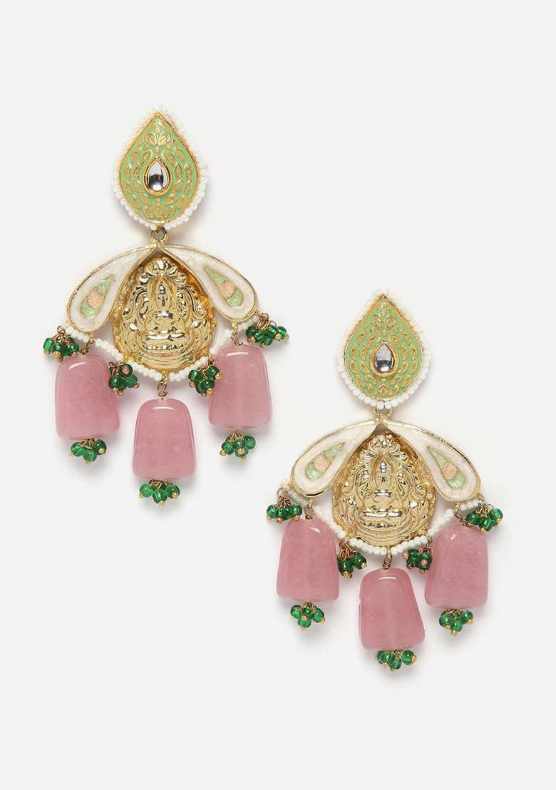 Light Pink And Green Kundan Pearl Drop Earrings - Indya
