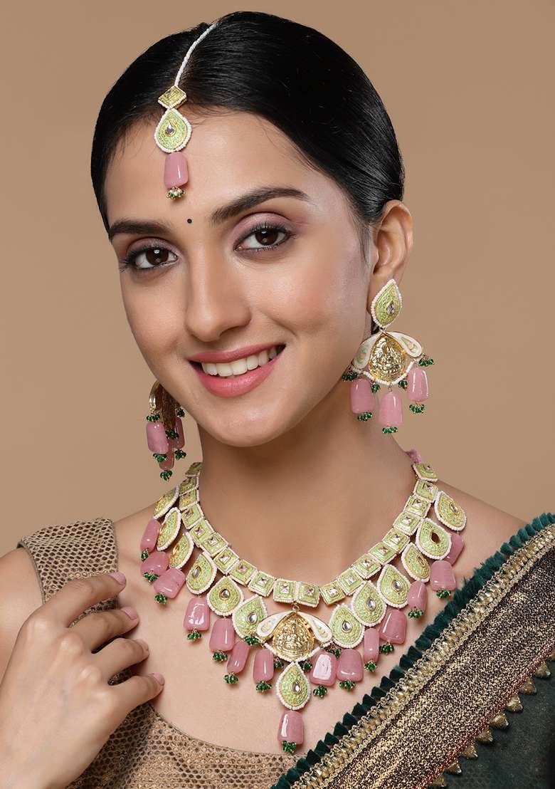 Light Pink And Green Kundan Pearl Drop Earrings - Indya