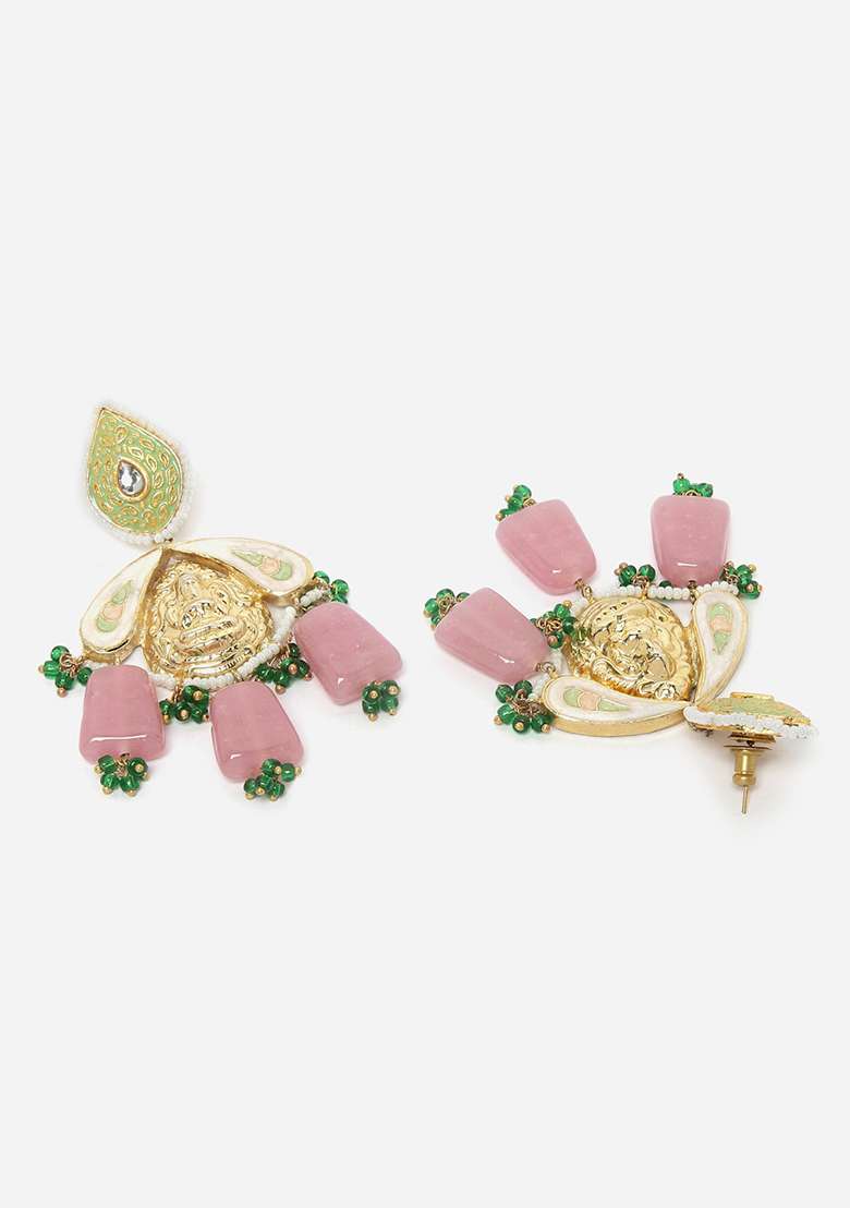 Light Pink And Green Kundan Pearl Drop Earrings - Indya