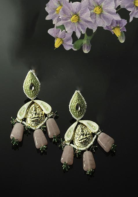 Light Pink And Green Kundan Pearl Drop Earrings