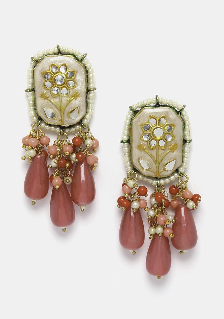 Pink And Peach Kundan Pearl Drop Earrings