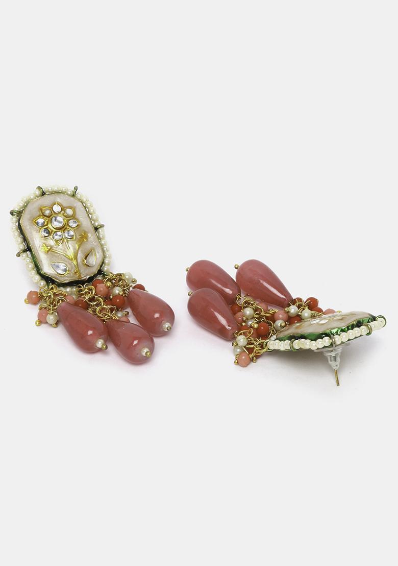Pink And Peach Kundan Pearl Drop Earrings