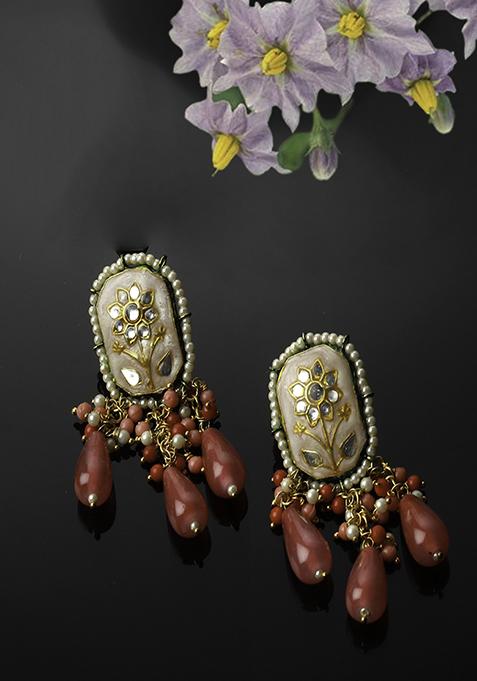 Pink And Peach Kundan Pearl Drop Earrings