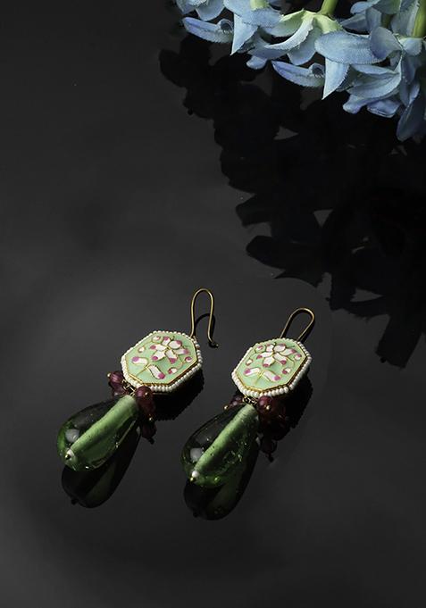 Green And Pink Kundan Drop Earrings