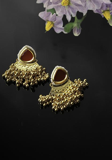 Gold And Red Kundan Drop Earrings