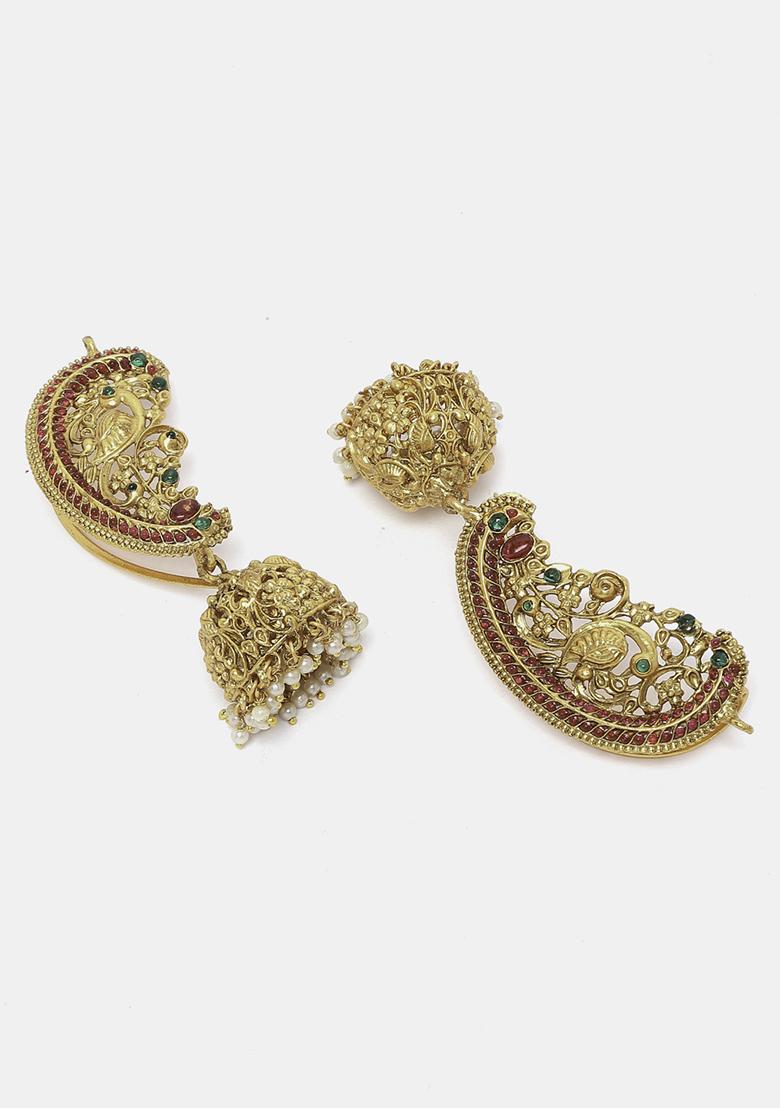 Gold Finish Red Stone Pearl Jhumka Earrings