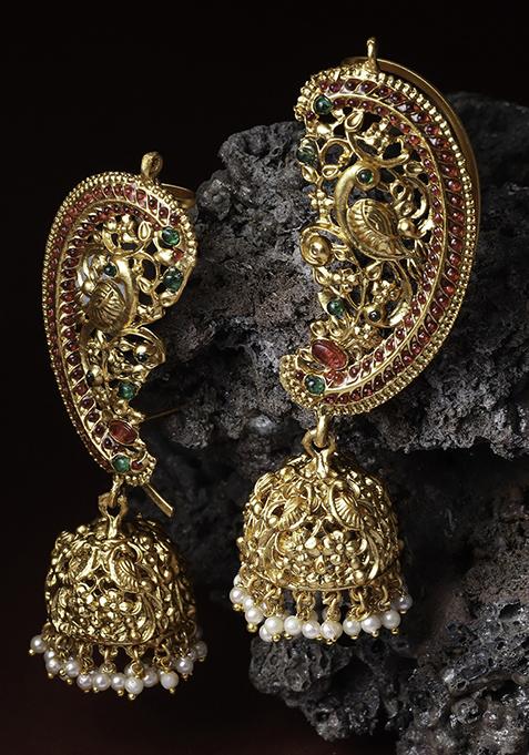 Gold Finish Red Stone Pearl Jhumka Earrings