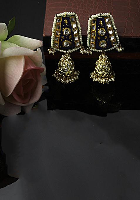 Blue And Yellow Kundan Pearl Jhumka Earrings