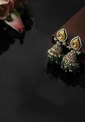 Green And Yellow Kundan Pearl Jhumka Earrings