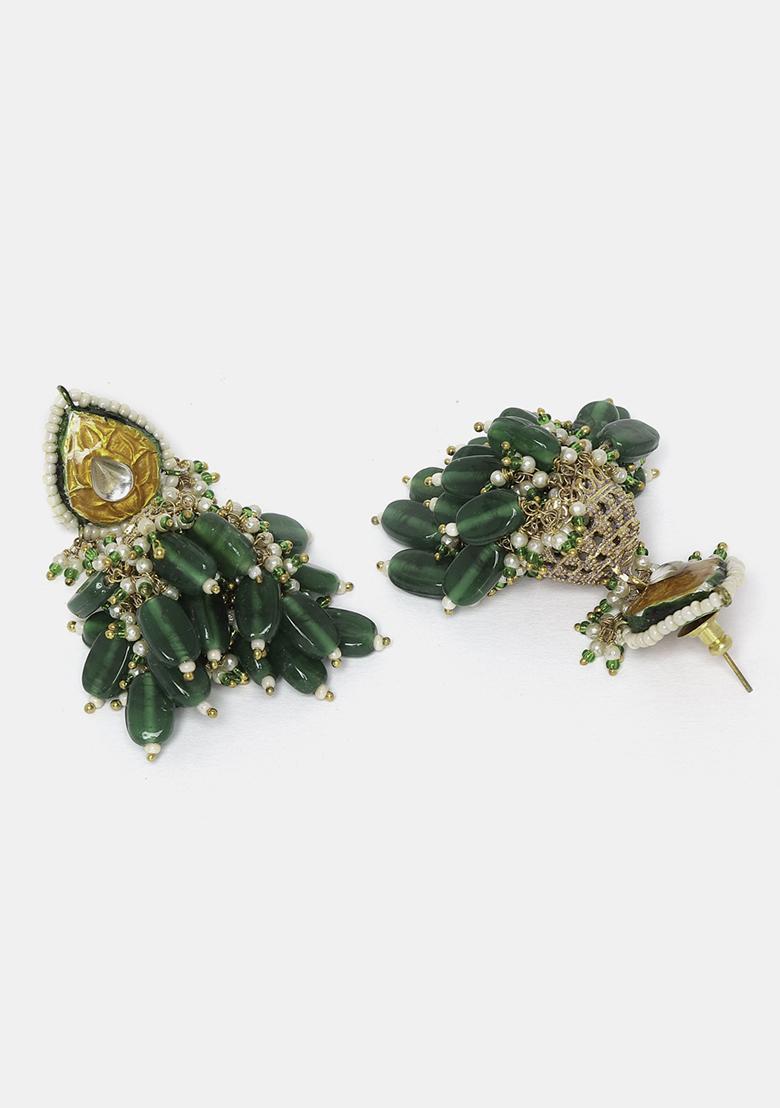 Green And Yellow Kundan Pearl Jhumka Earrings - Indya