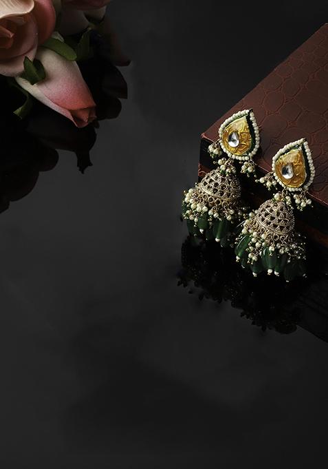 Green And Yellow Kundan Pearl Jhumka Earrings