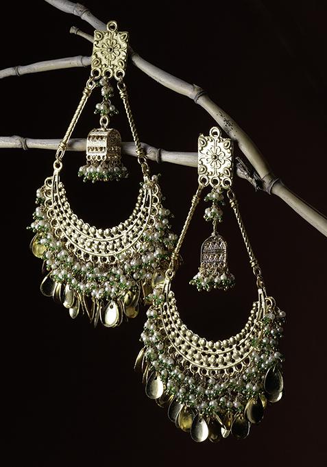 Gold Finish Green Pearl And Stone Chandbali Earrings