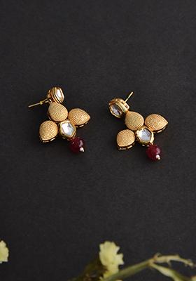 Gold Finish Red Kundan Earrings