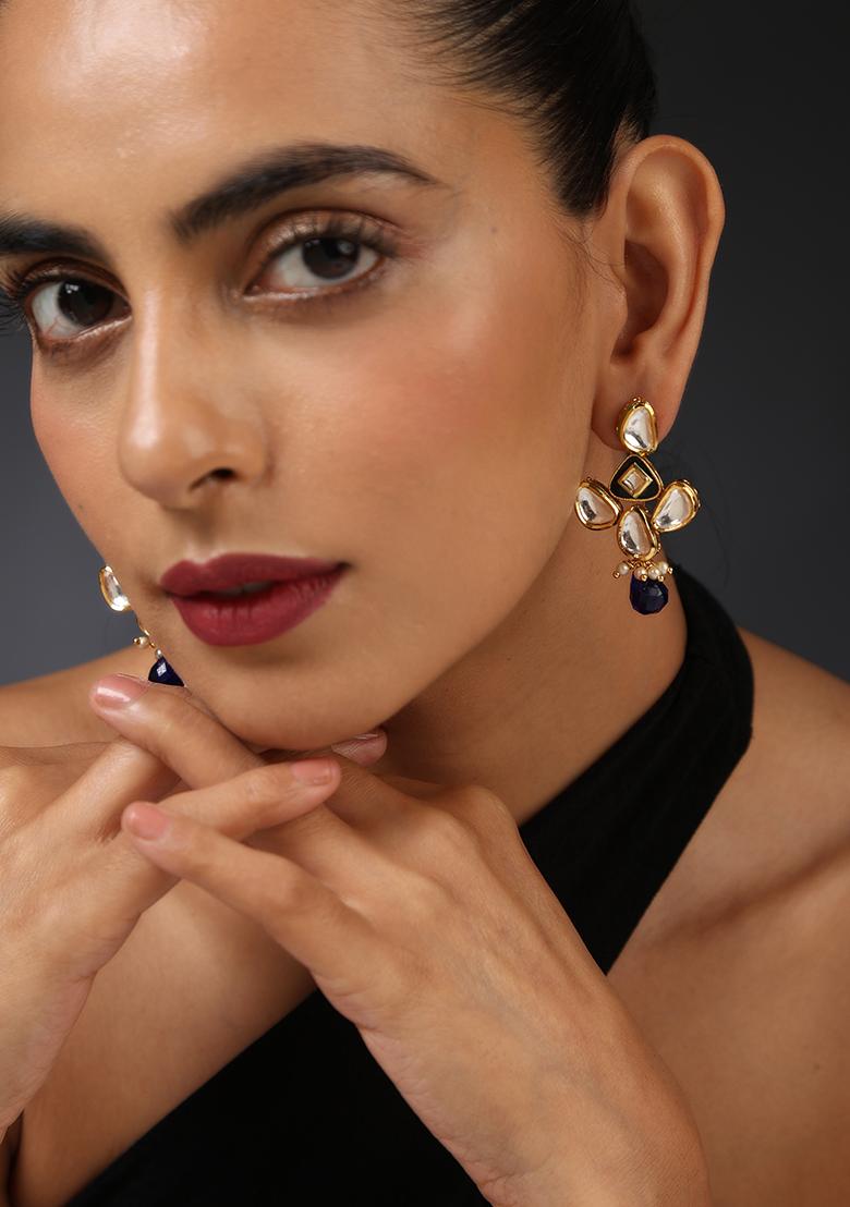 Gold Tone Blue Kundan Dangler Earrings