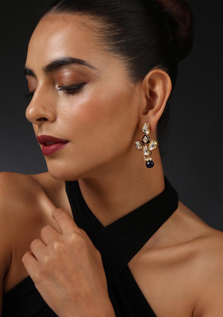 Gold Tone Blue Kundan Dangler Earrings
