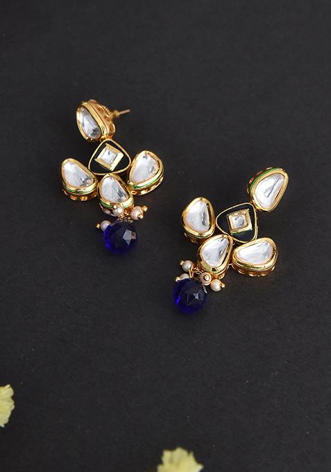 Gold Tone Blue Kundan Dangler Earrings