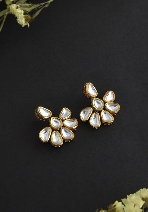 Gold Finish Kundan Floral Dangler Earrings