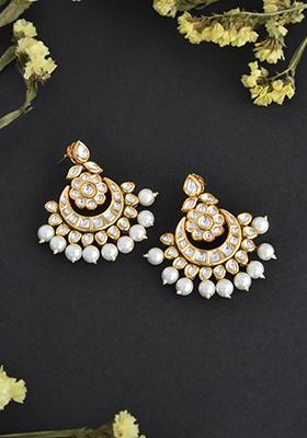 White Gold Tone Kundan And Pearl Chandbali Earrings