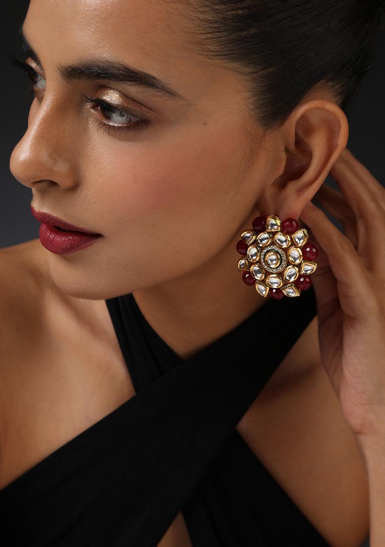 Gold Tone Red Kundan Floral Stud Earrings