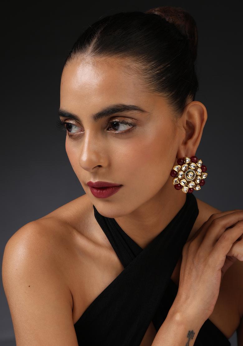 Gold Tone Red Kundan Floral Stud Earrings