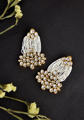 White Gold Tone Kundan And Pearl Dangler Earrings