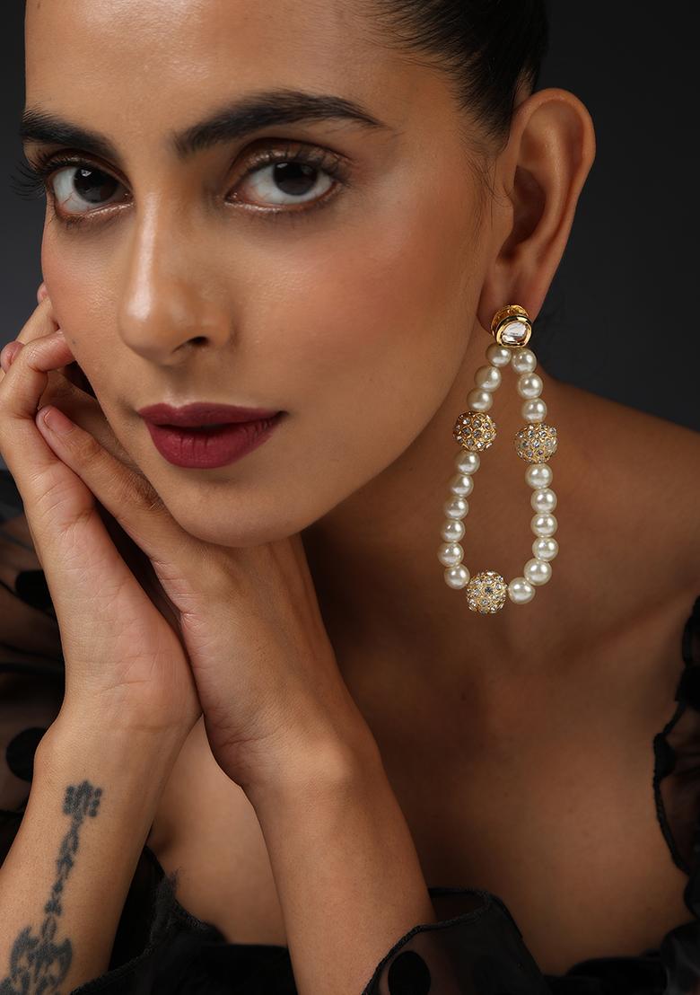 Gold Finish White Pearl Hoop Earrings - Indya